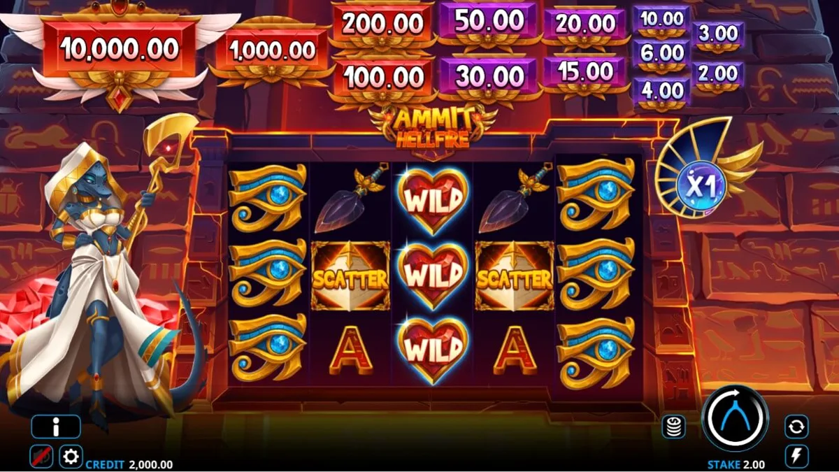 Tampilan visual slot Ammit Hellfire dengan karakter dewi Mesir dan latar belakang permata merah.