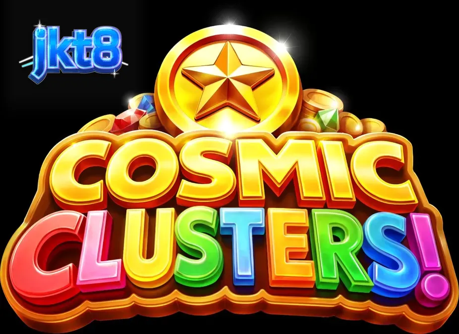 Tampilan visual slot Cosmic Clusters dengan tema galaksi neon dan simbol permata